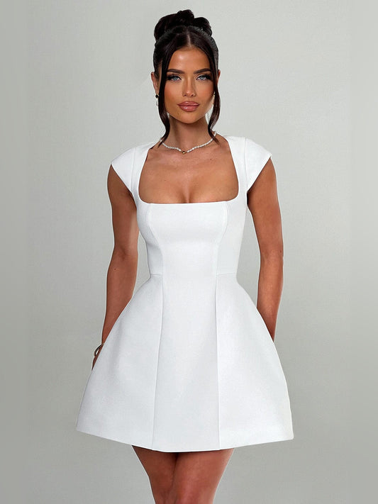 Ivory square-neck A-line mini dress with cap sleeves and fitted bodice