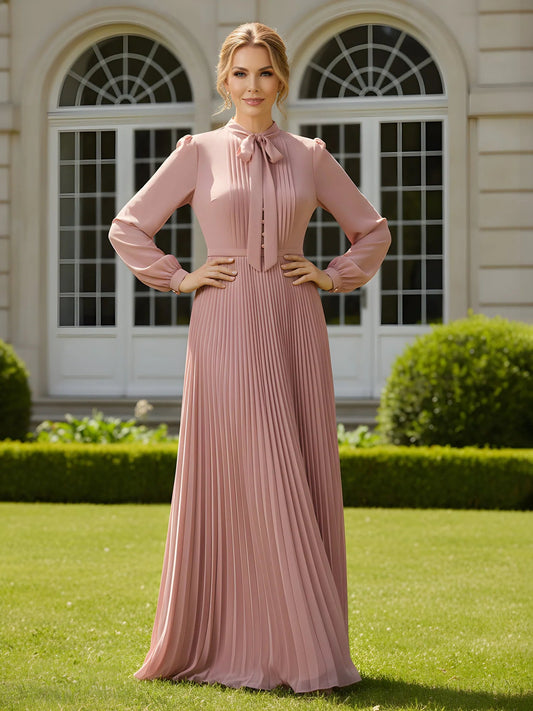Dusty rose pleated A-line chiffon formal dress, high neck, long sleeves, floor length