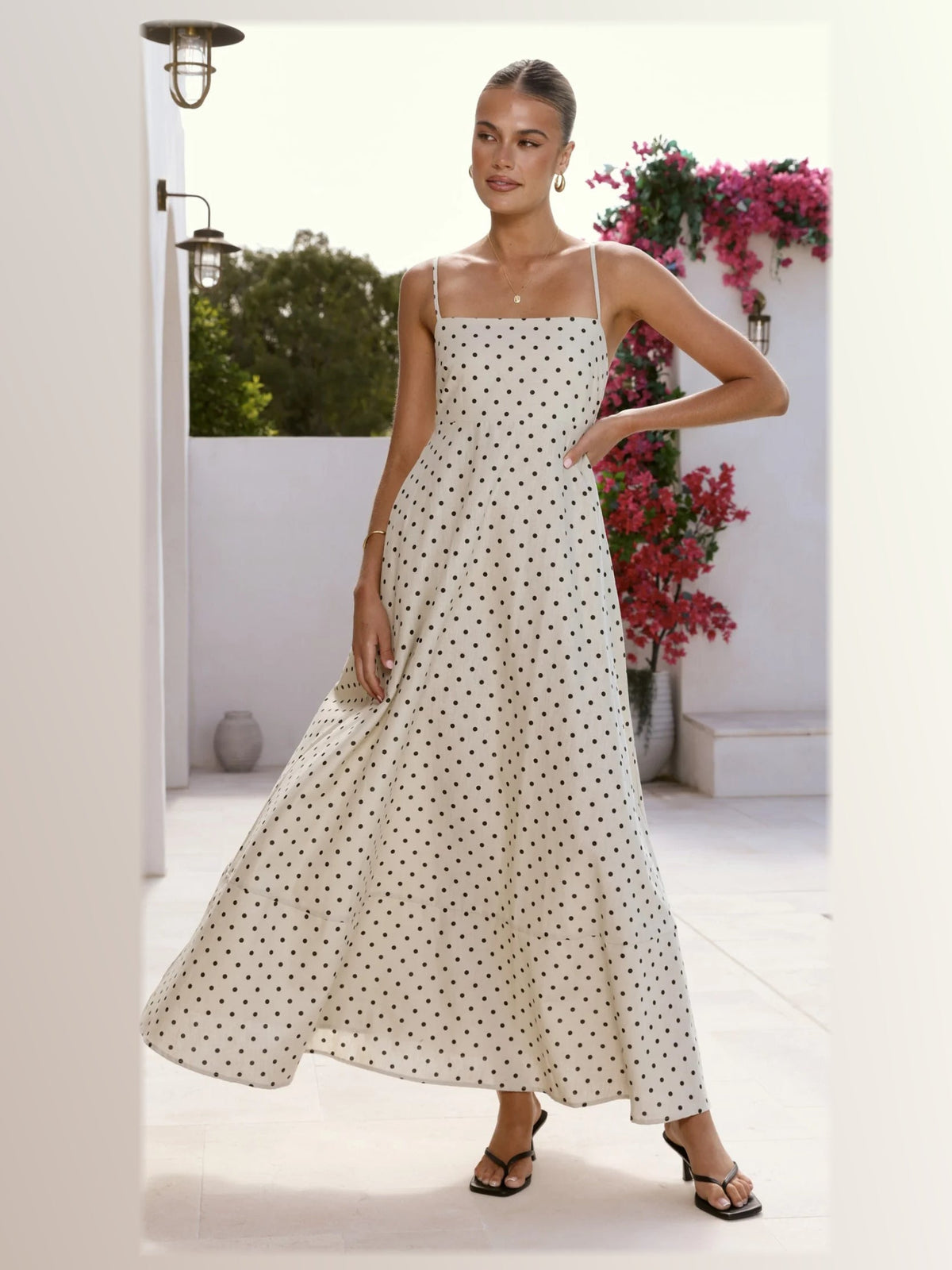Beige Black Polka Dot maxi formal dress, front full-length view showing the neckline