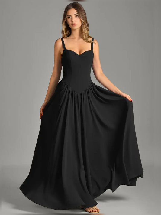 Black sweetheart corset A-line maxi chiffon dress with spaghetti straps and pleated skirt