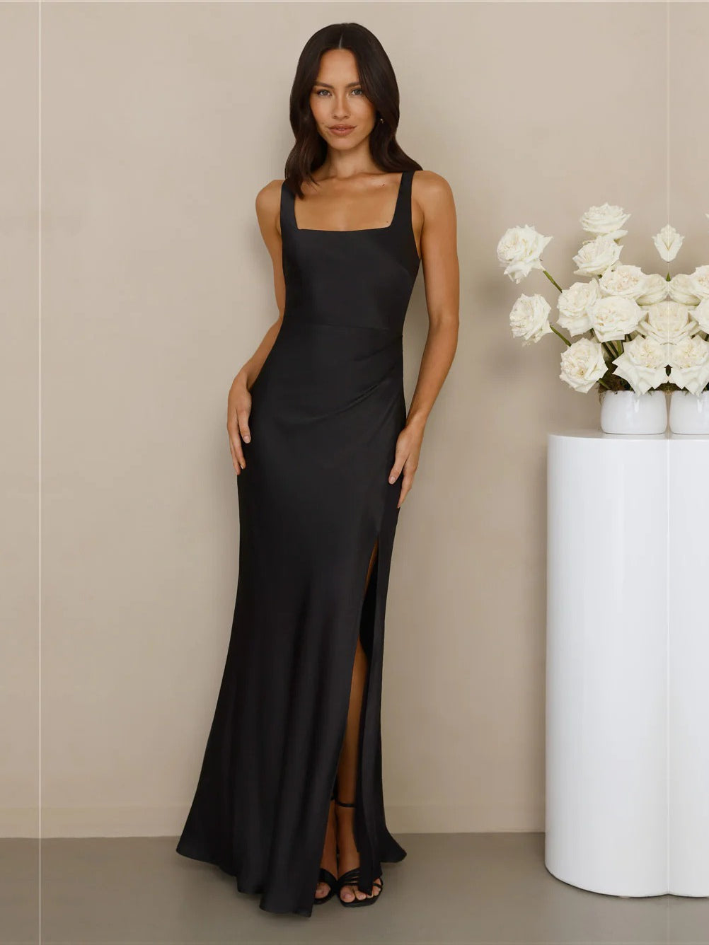 Black sheath maxi formal dress with square neckline, full-length front view