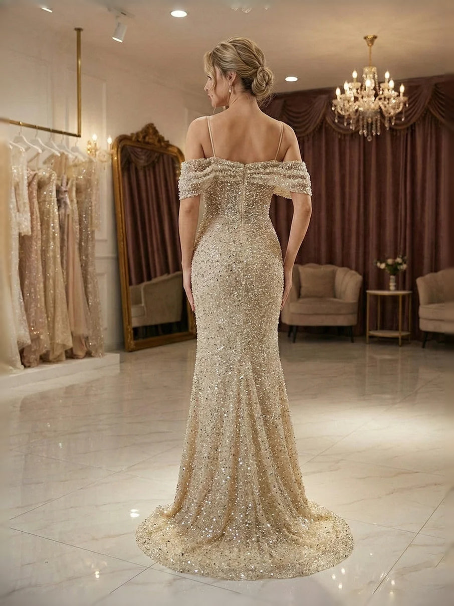 Champagne sequin mermaid prom dress with off-shoulder ruffle detailing, open back