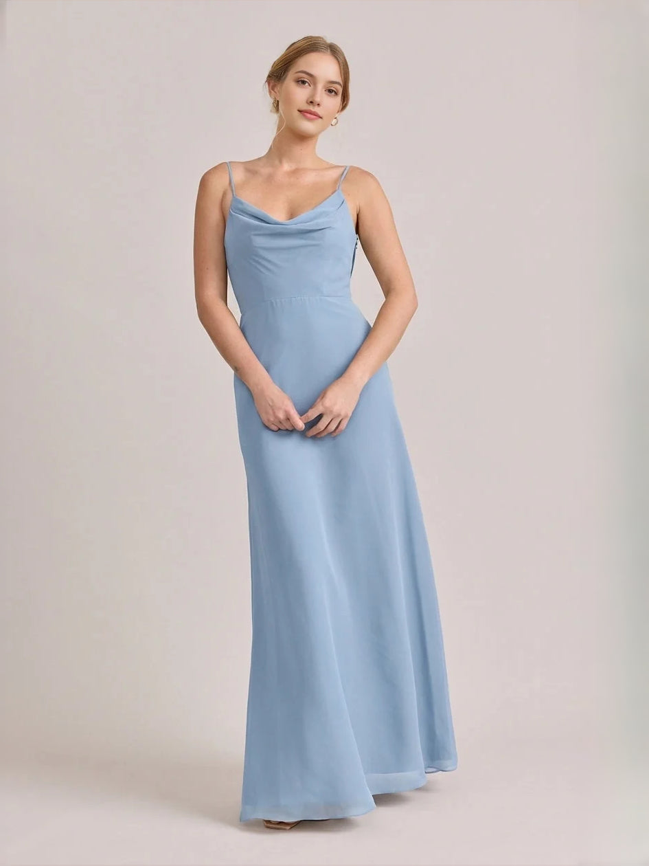 Dusty blue satin A-line maxi bridesmaid dress with cowl neckline and side slit