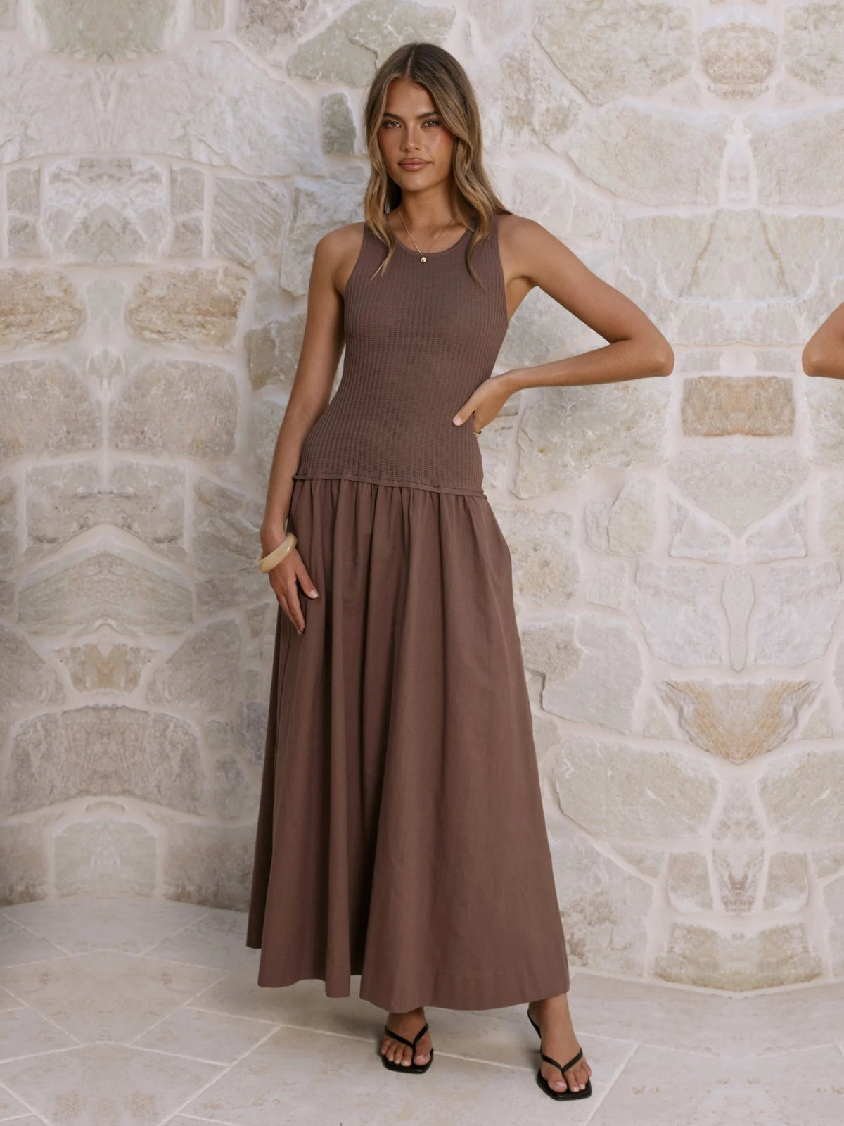 Chocolate a-line maxi formal dress with tiered skirt, full-length front view