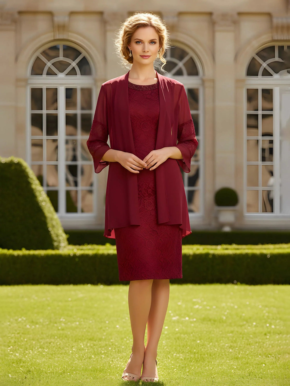 Burgundy round-neck sheath dress with chiffon three-quarter sleeve jacket
