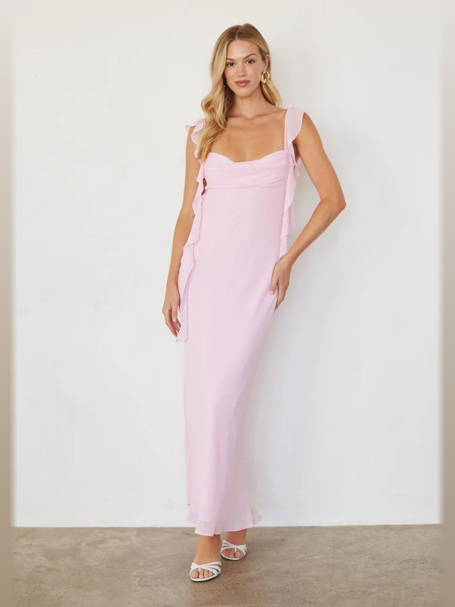 Light Pink formal dress with a-line silhouette and maxi length