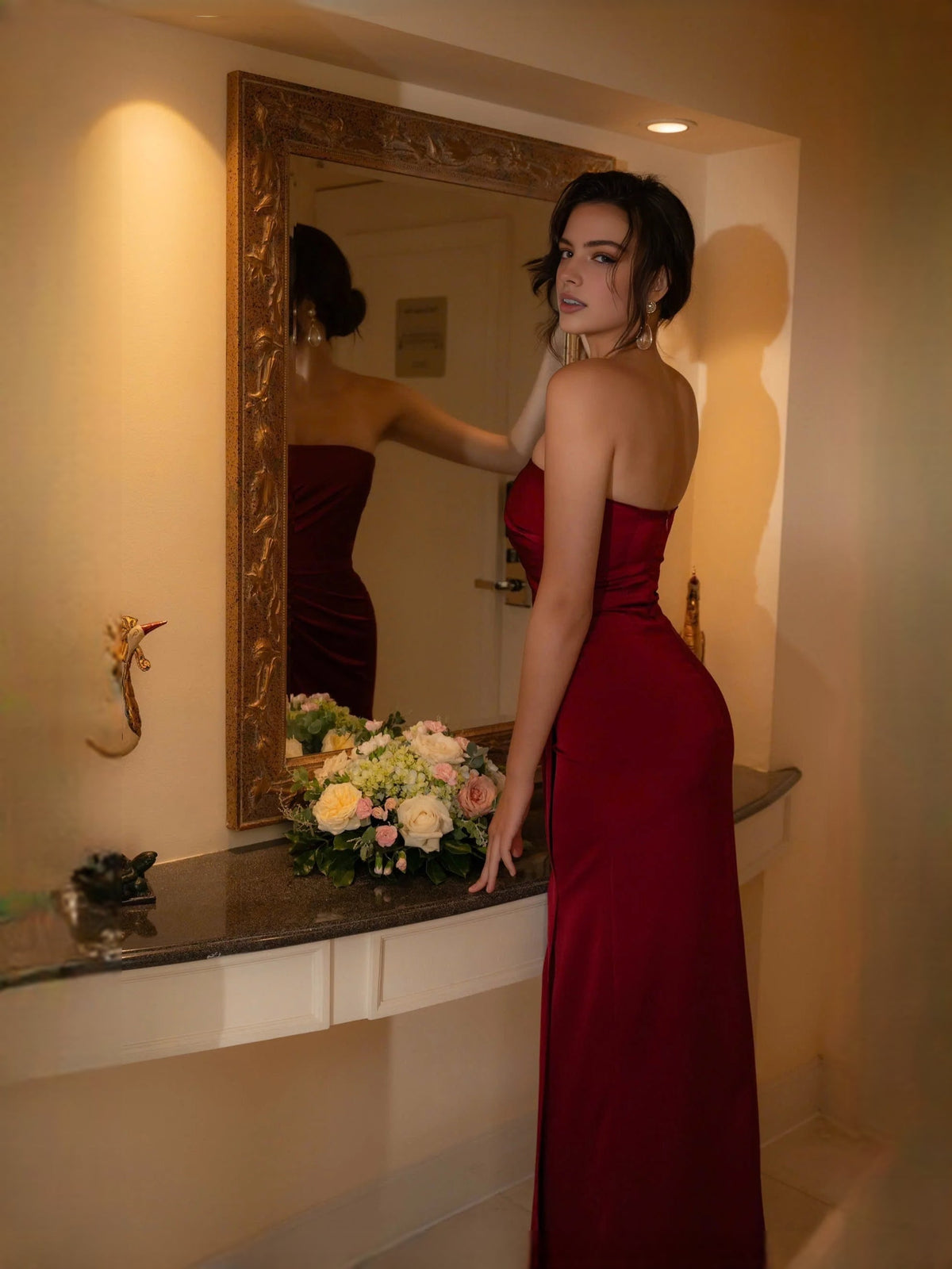 Deep red strapless satin sheath maxi dress with ruched bodice and draped waist