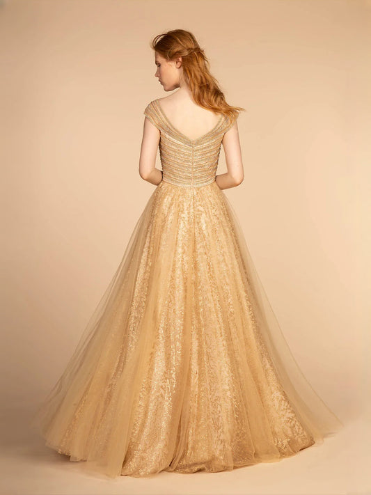 Gold sequin V-neck A-line tulle prom dress, cap sleeves, floor-length skirt