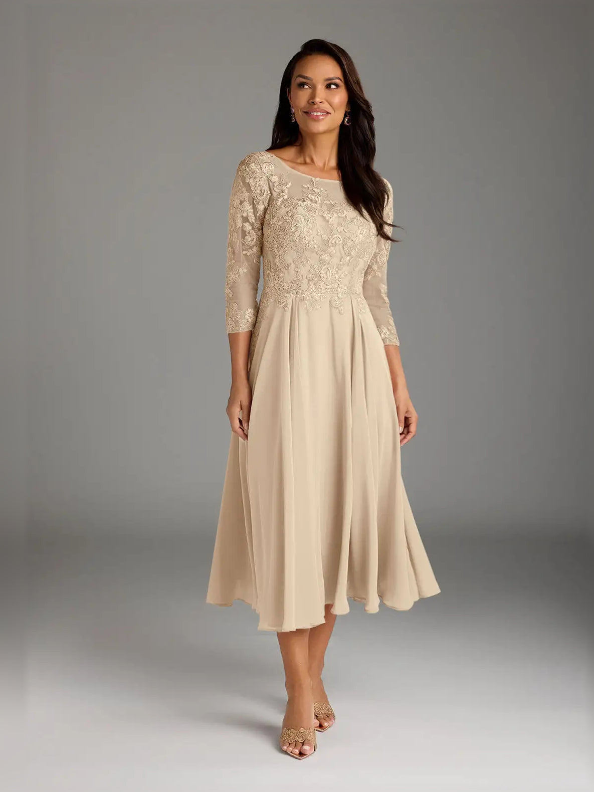 Women’s champagne midi chiffon dress with draped scoop neckline and lace bodice