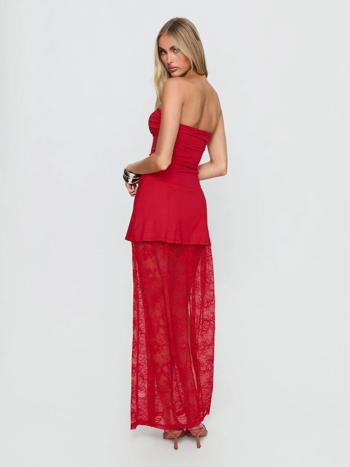 Red formal dress with a-line silhouette and maxi length
