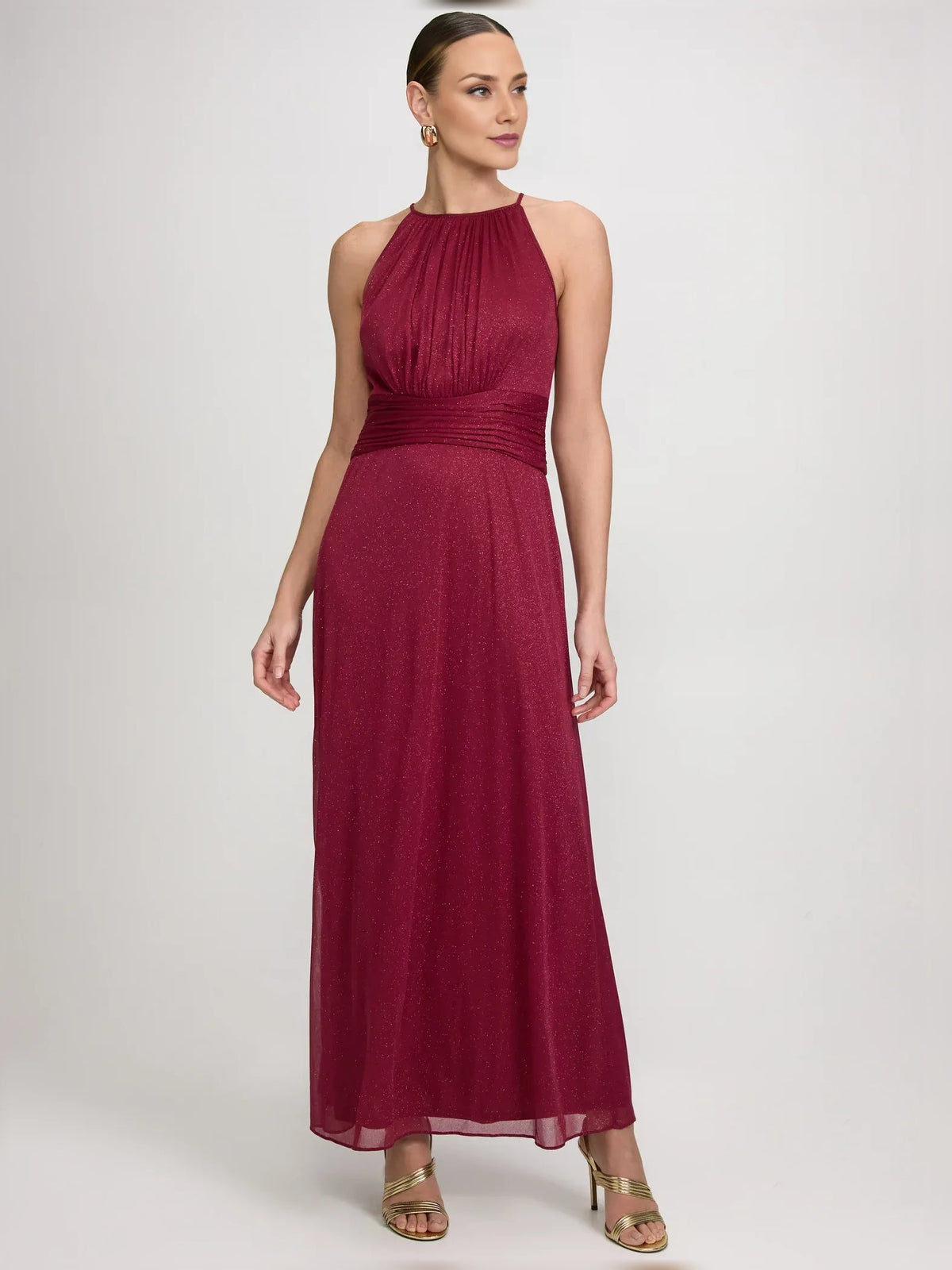 Burgundy halter-neck formal dress with ruching, A-line floor length skirt