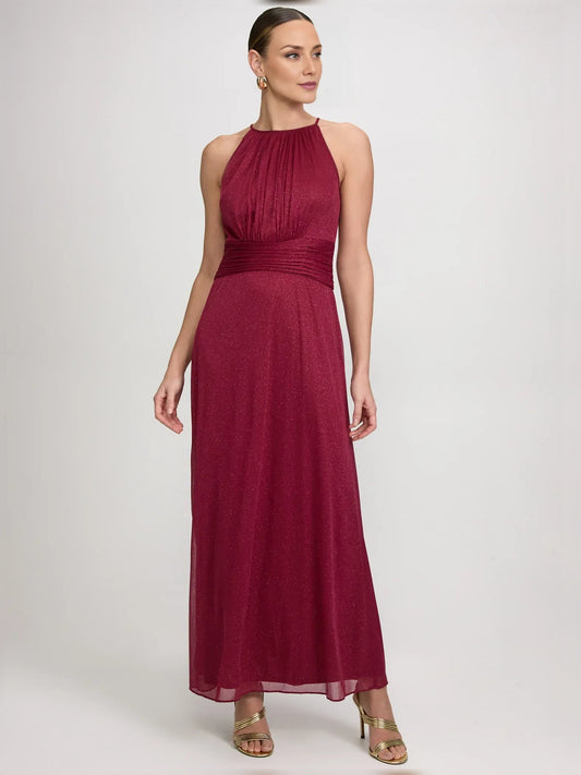 Burgundy halter-neck formal dress with ruching, A-line floor length skirt