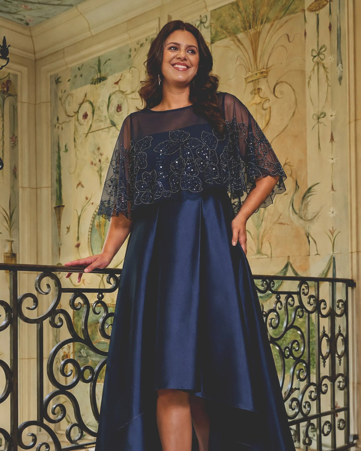 Light navy A-line maxi dress with sheer sequin-embellished cape overlay