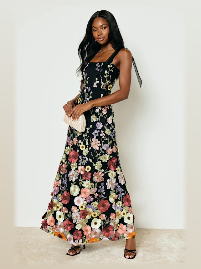 Black formal dress with a-line silhouette and maxi length