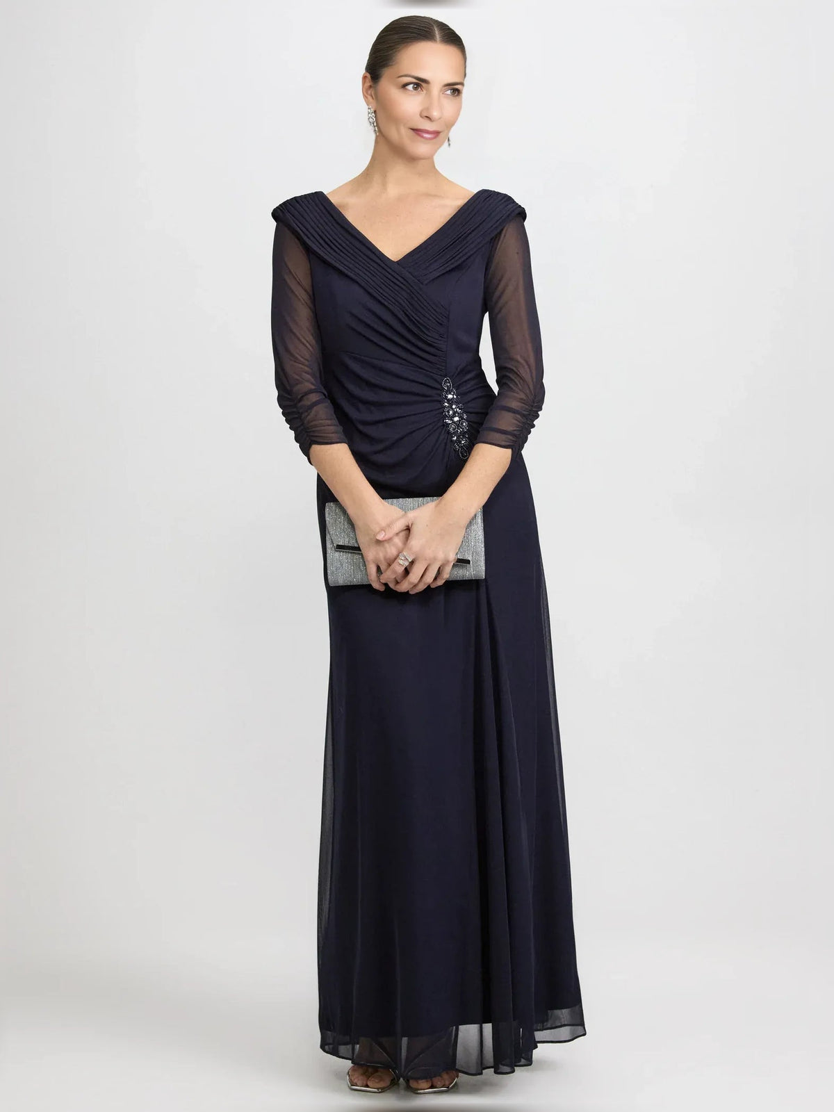 Dark navy ruched draped V-neck A-line mother of the bride dress, sheer sleeves