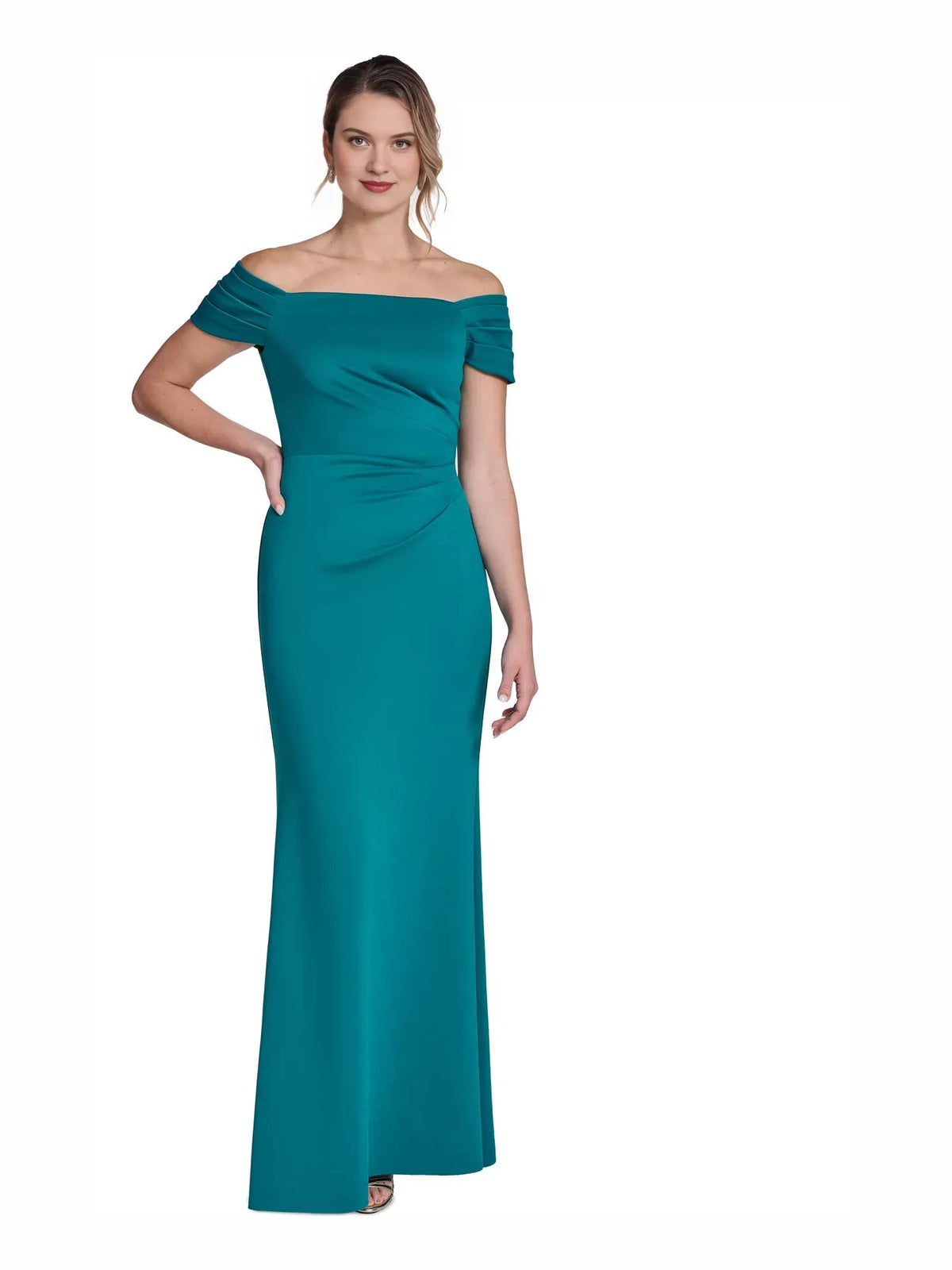 Teal off-the-shoulder formal dress with ruched bodice and floor-length skirt