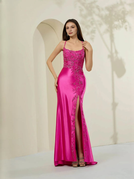 Fuchsia corset bodice formal dress with embroidered lace panel and thigh slit