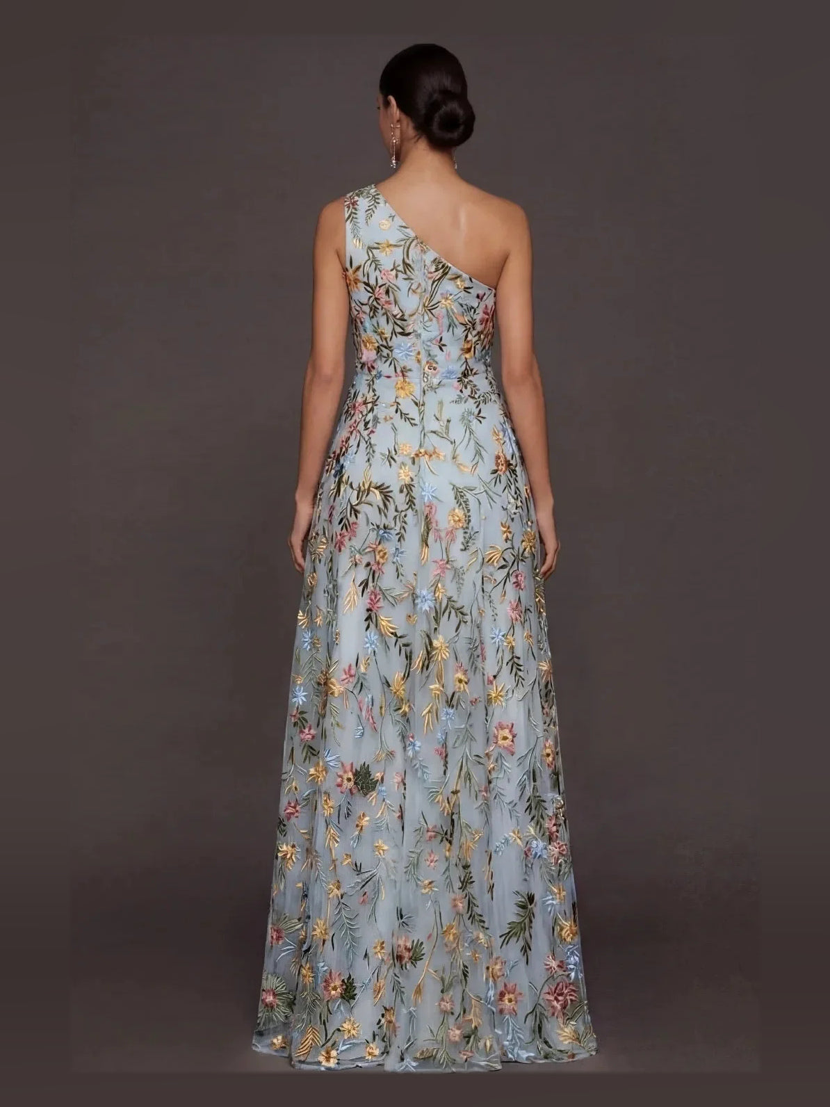 Light blue embroidered one-shoulder A-line tulle prom dress, backless slit