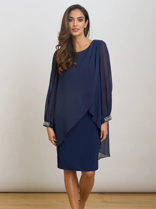 Dark navy beaded long-sleeve chiffon sheath dress with draped asymmetrical overlay