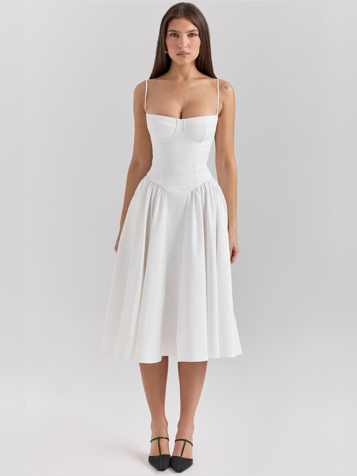 White corset midi formal dress with square neckline and spaghetti straps
