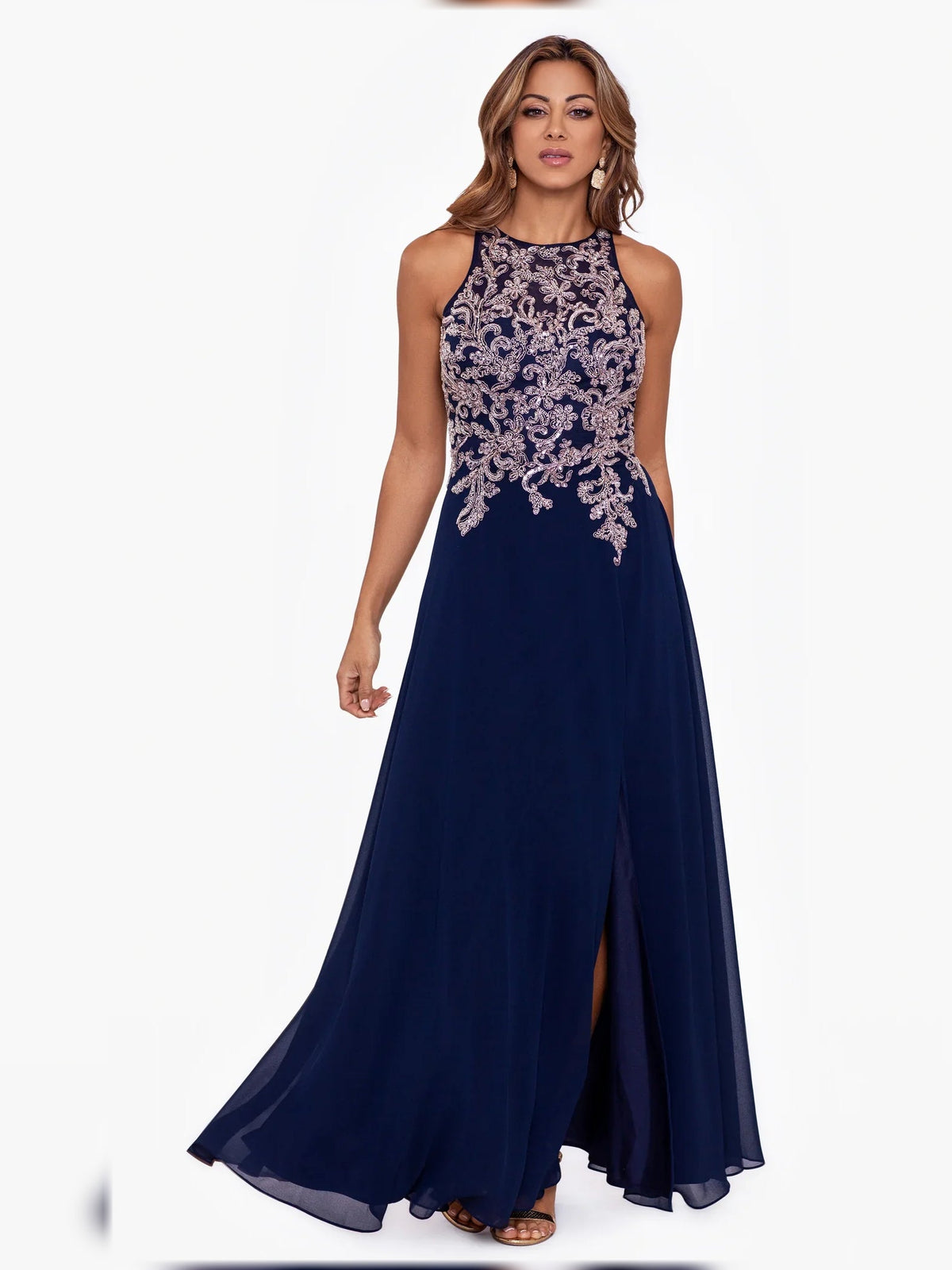 Dark navy halter A-line chiffon dress with beaded bodice and side slit