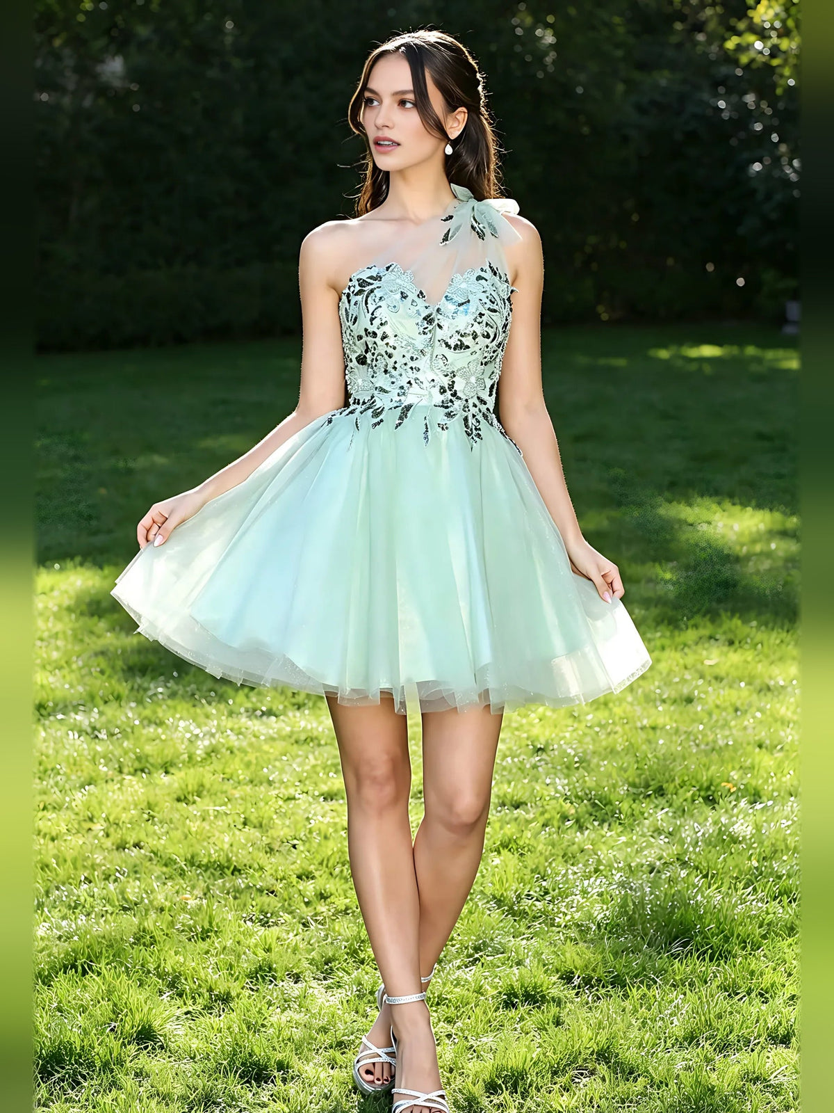 Sage green floral corset sweetheart mini tulle homecoming dress, A-line ruffled skirt