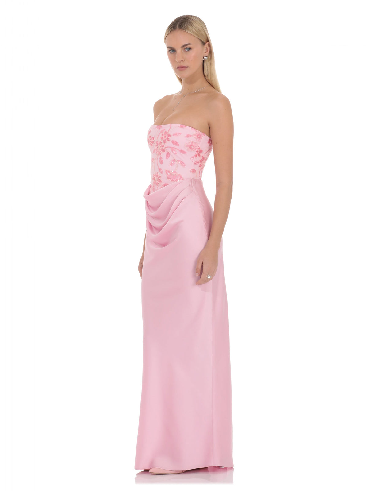 Pink bridesmaid dress with a-line silhouette and maxi length