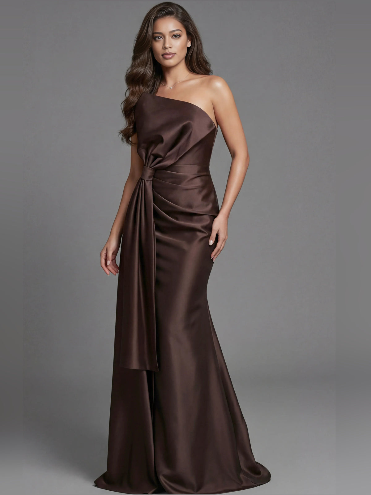 Chocolate one-shoulder mermaid formal dress with ruched drape and thigh slit