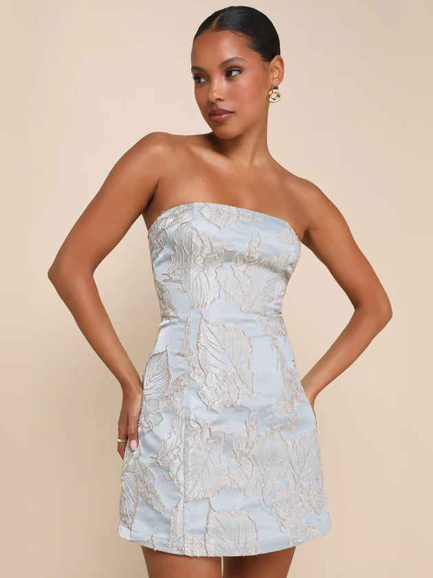 Slate blue strapless mini homecoming dress with gold floral print