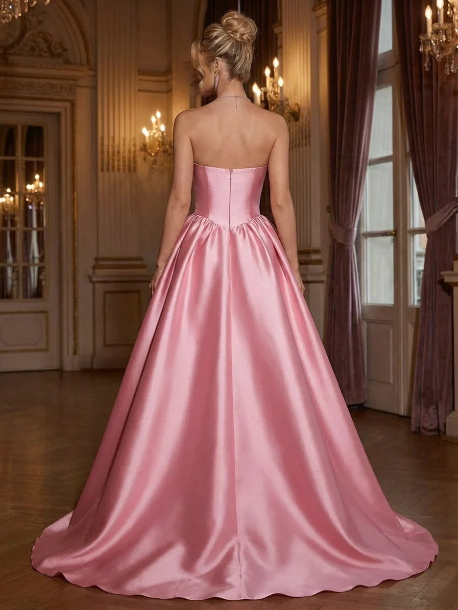 Light pink satin corset A-line prom dress with open back and thin straps