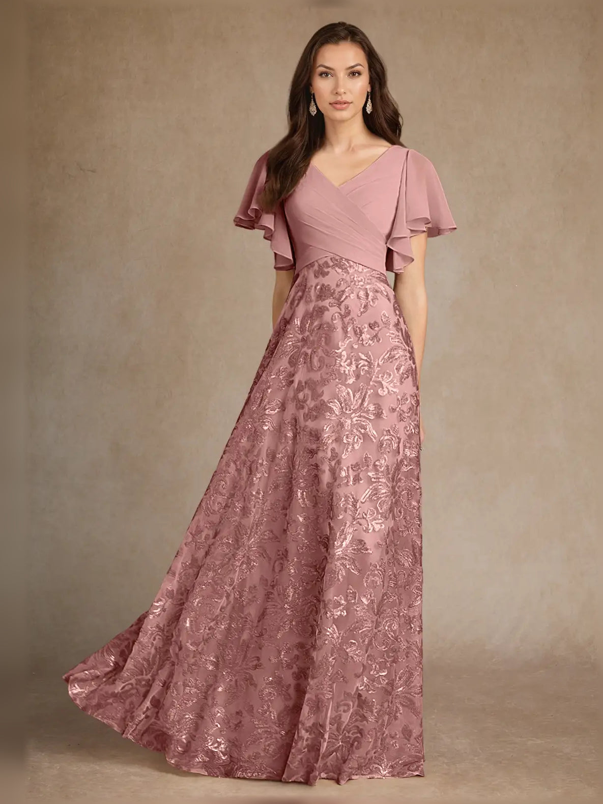 Dusty rose V-neck A-line maxi chiffon dress with ruffled flutter sleeves and draped bodice