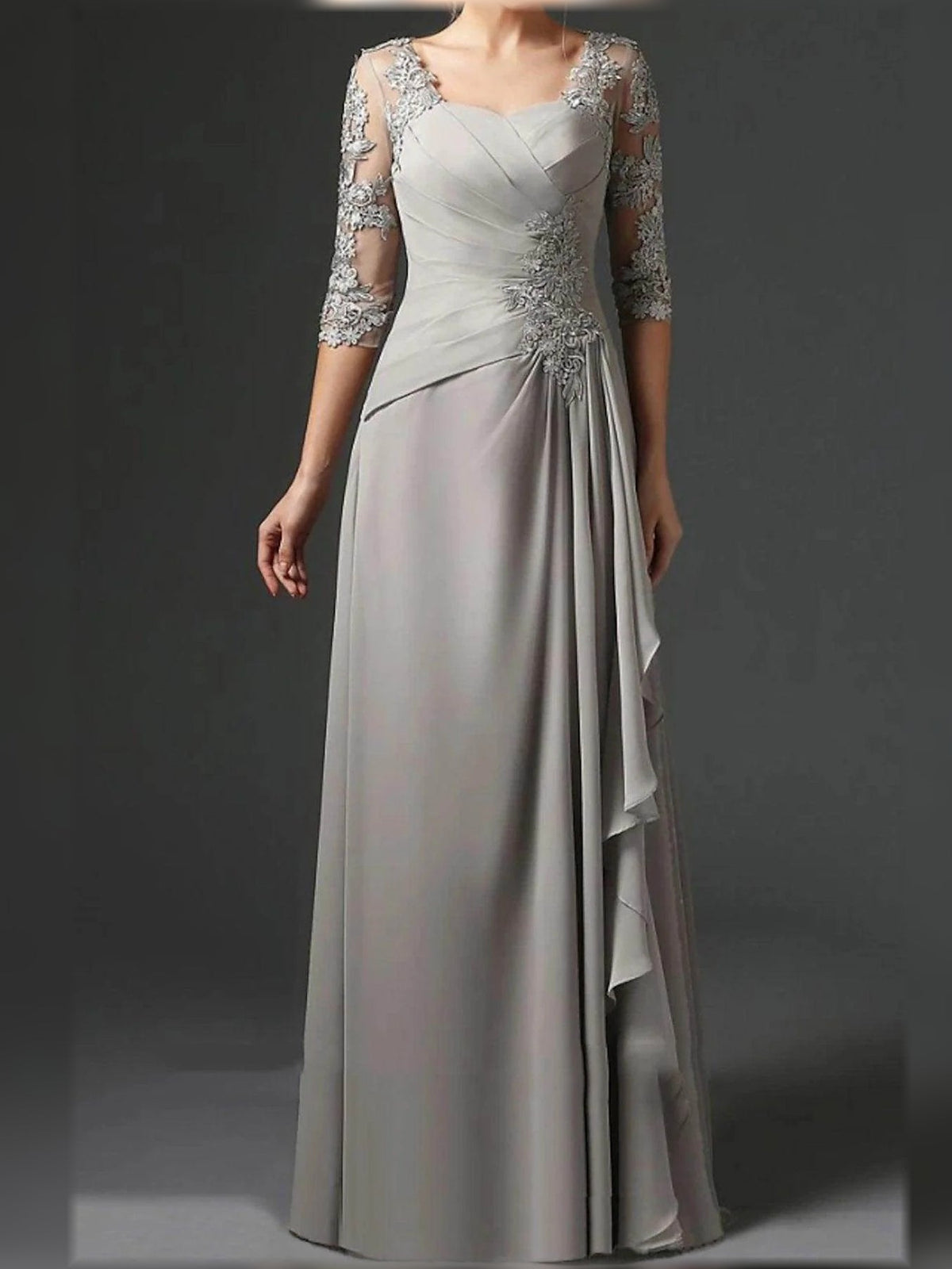 Light gray chiffon mother of the bride dress, square neck, lace sleeves, draped waist