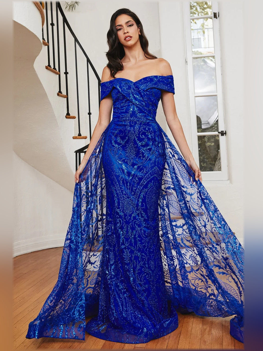 Royal blue off-shoulder mermaid formal dress, short sleeves, floor-length