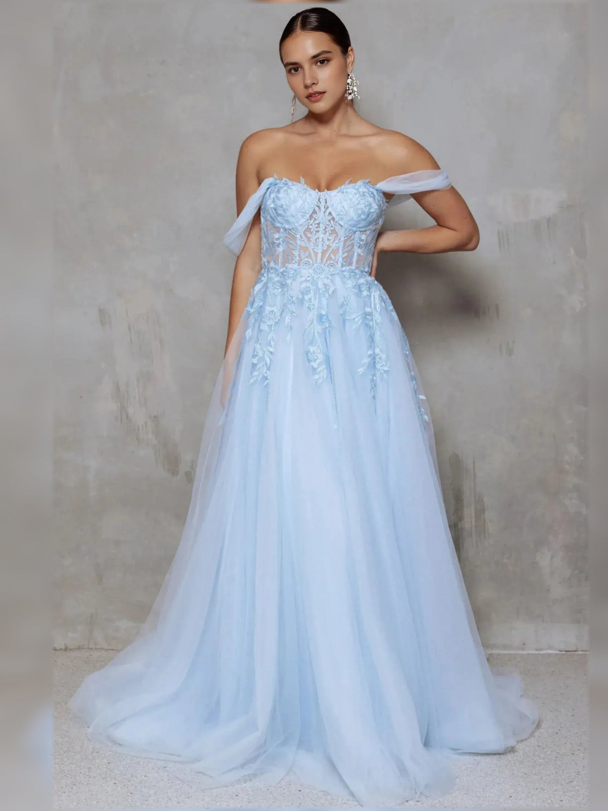 Sky blue floral off-the-shoulder maxi dress with short sleeves, fitted bodice, full skirt