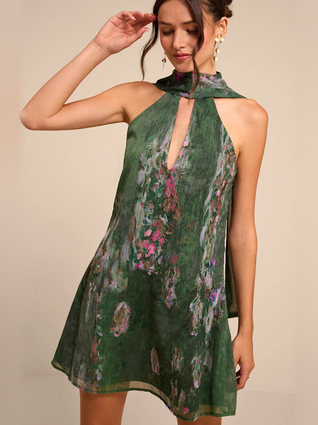 Green floral high-neck A-line mini homecoming dress with sleeveless halter bodice