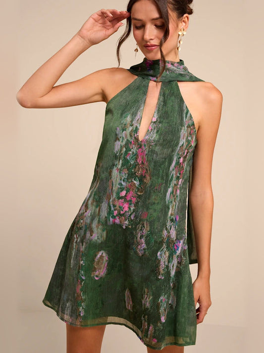Green floral high-neck A-line mini homecoming dress with sleeveless halter bodice