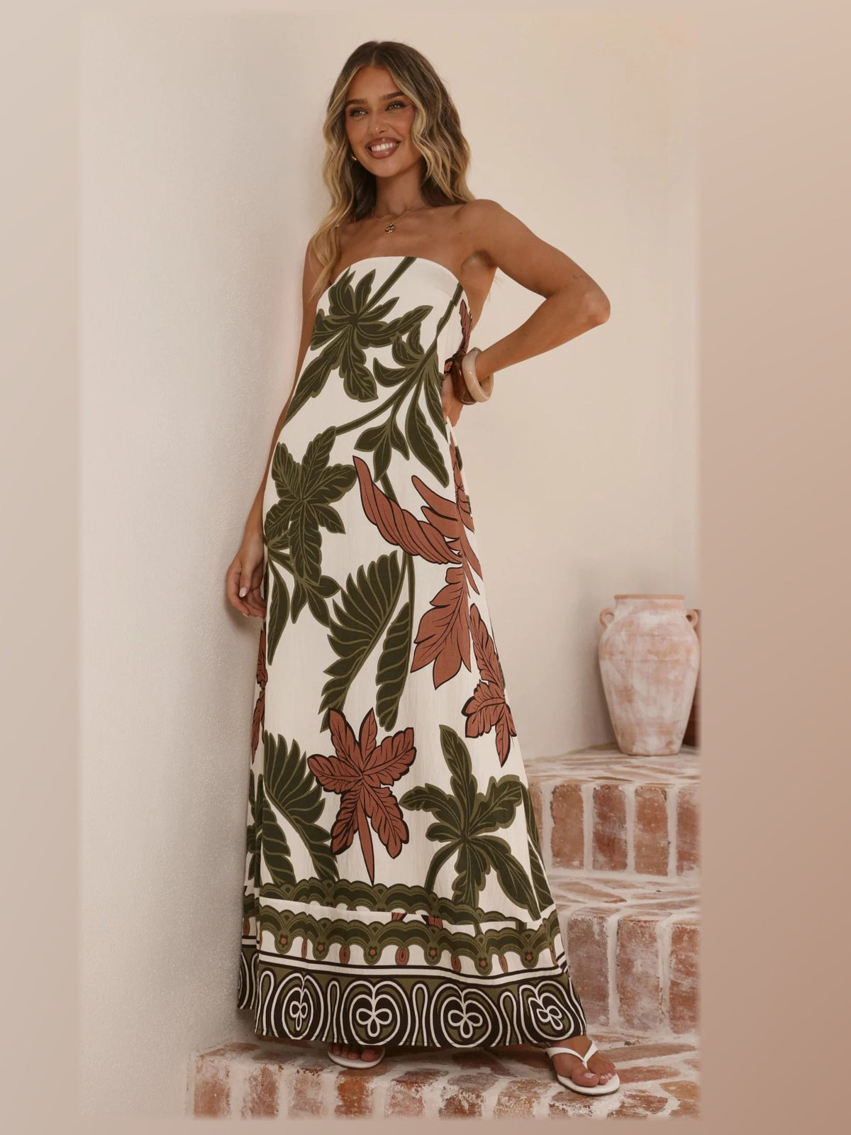 Beige maxi formal dress, front full-length view showing the neckline
