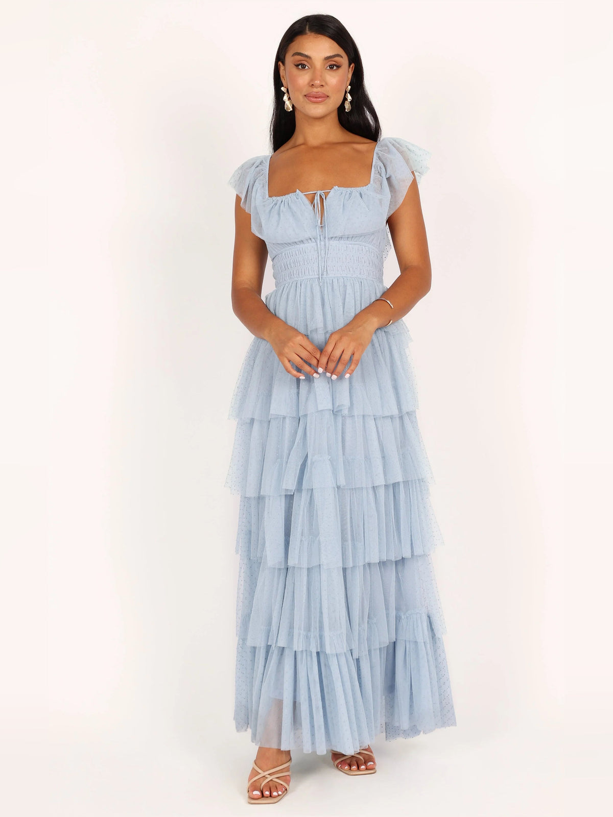 Blue a-line maxi formal dress with square neckline, full-length front view