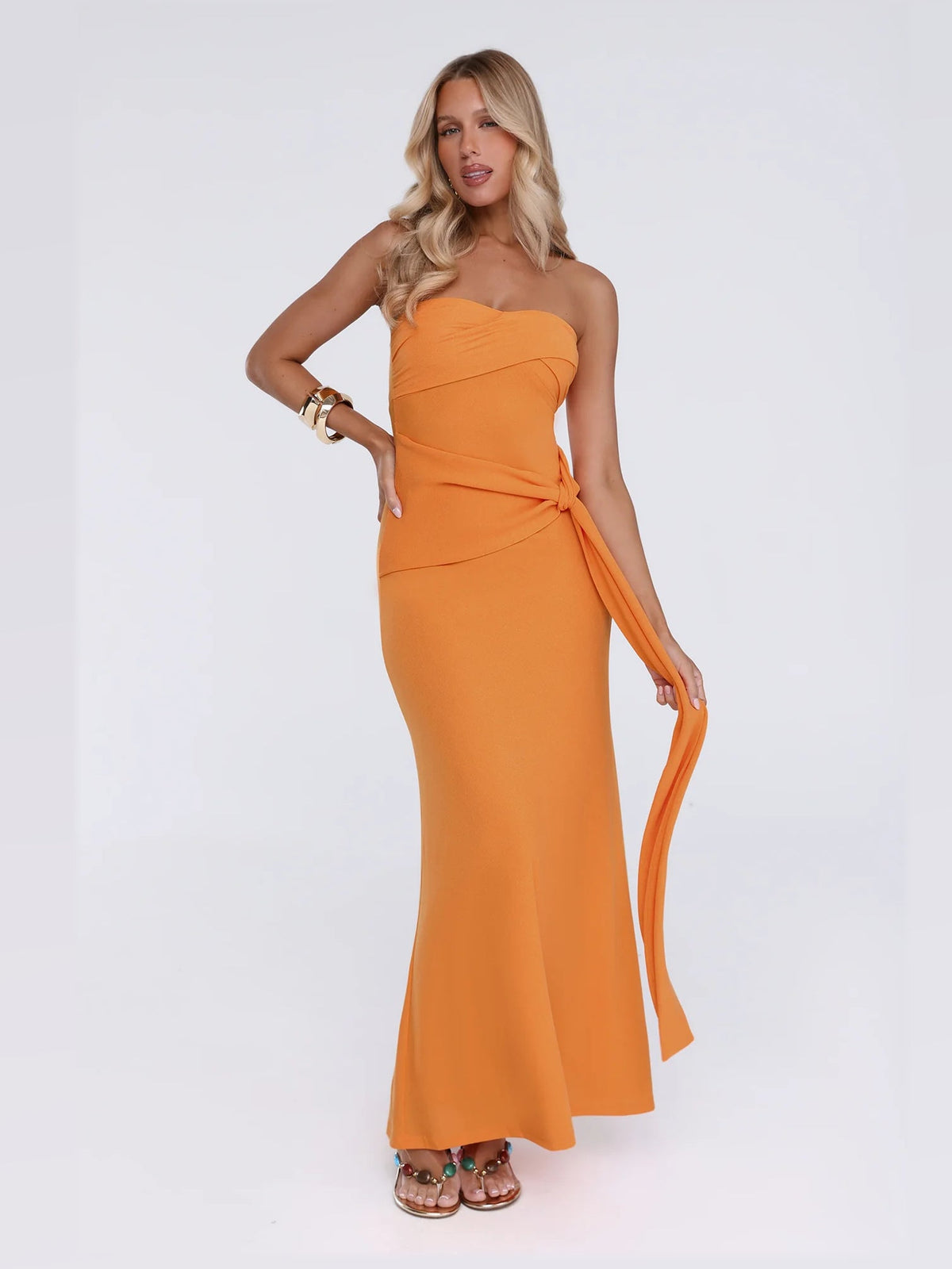 Orange maxi formal dress, front full-length view showing the neckline