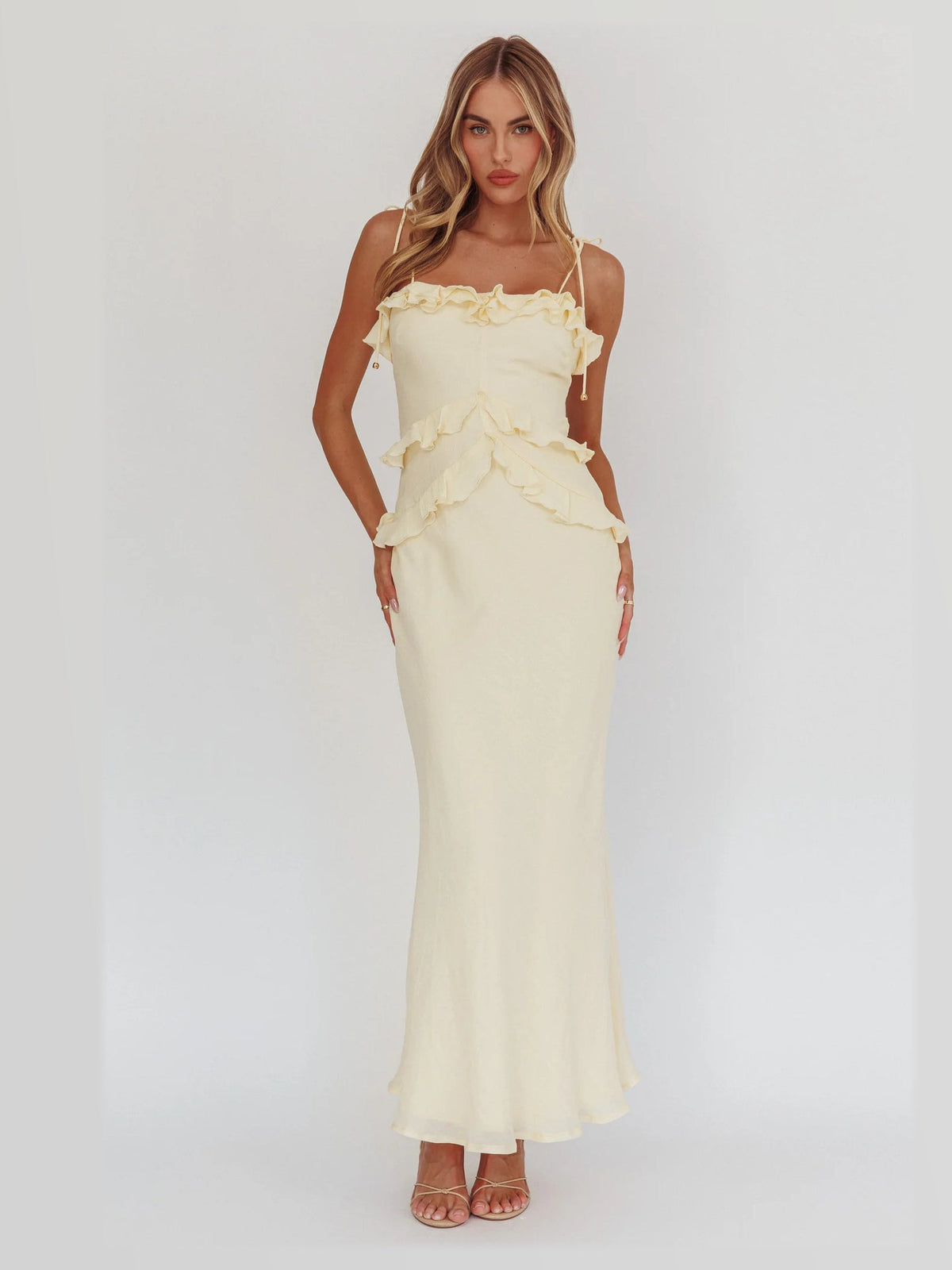 Yellow maxi formal dress, front full-length view showing the neckline