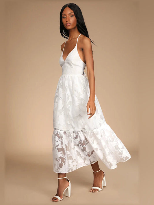 White midi formal dress, full-length front view