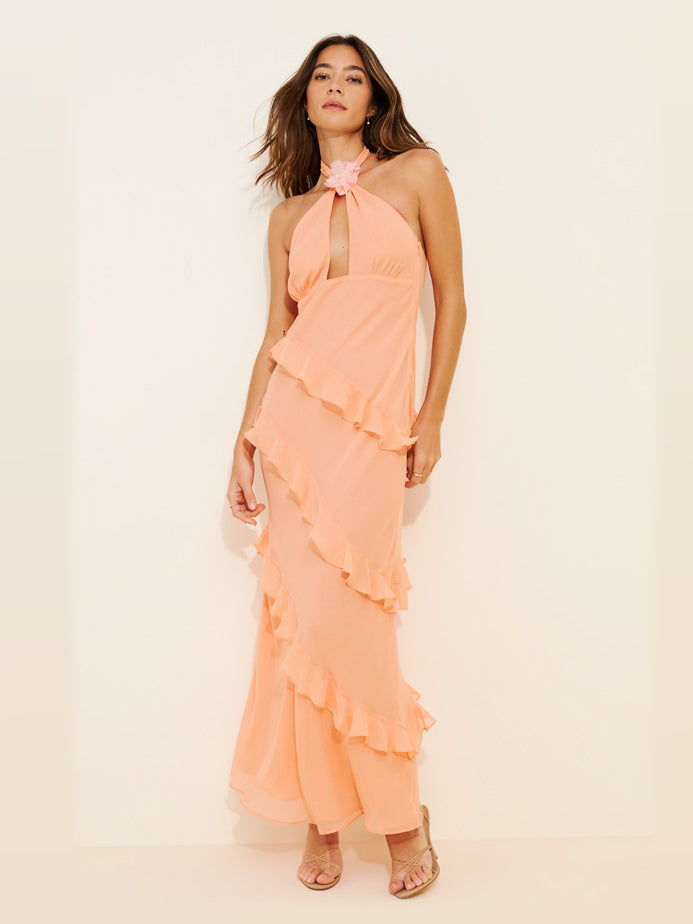 Peach maxi formal dress, front full-length view showing the neckline