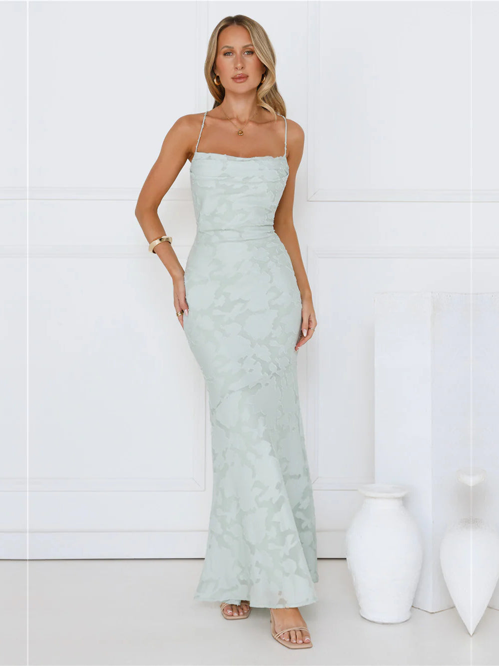 Sage mermaid maxi formal dress with sweetheart neckline, full-length front view