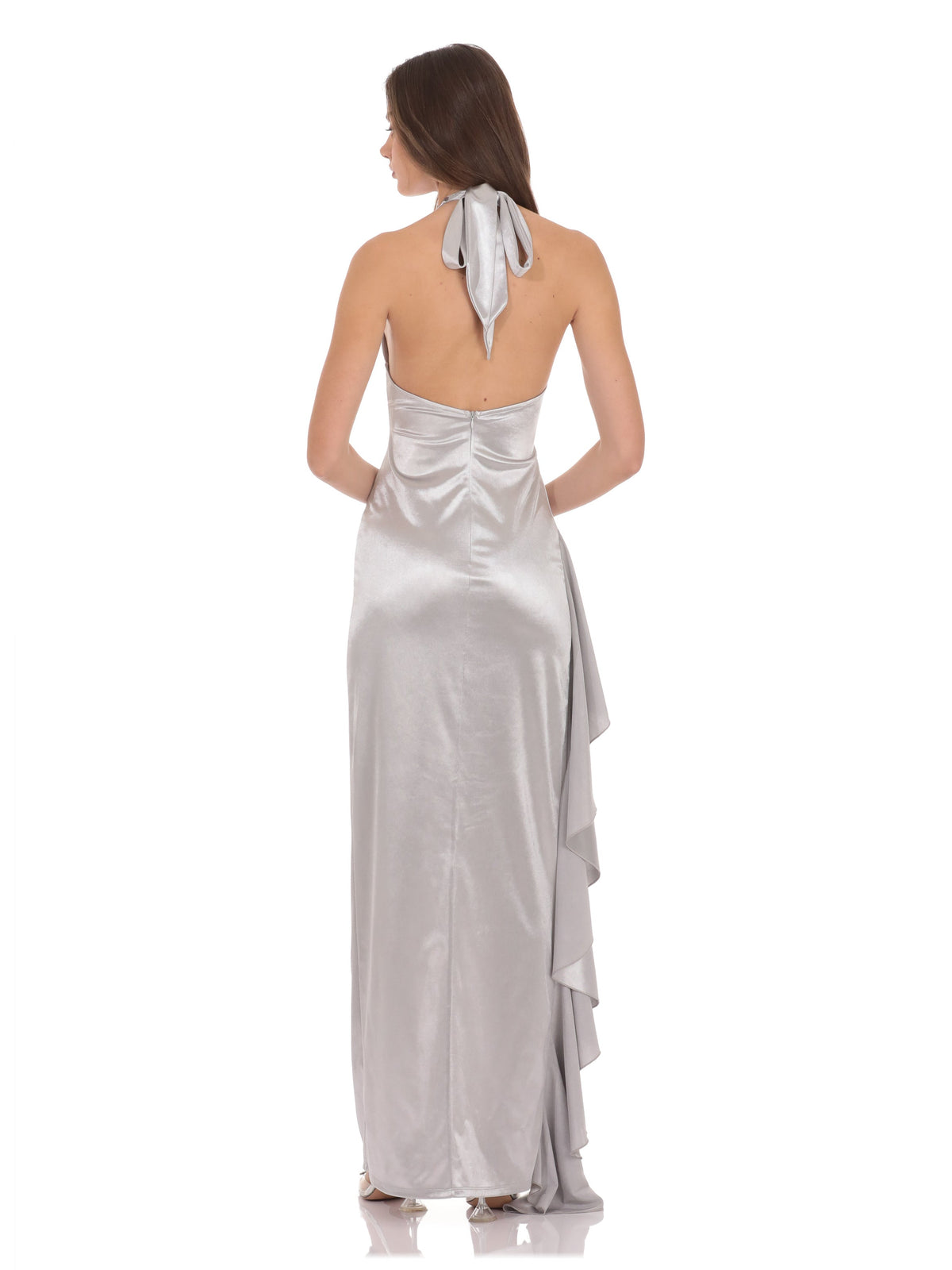 Silver bridesmaid dress with a-line silhouette and maxi length