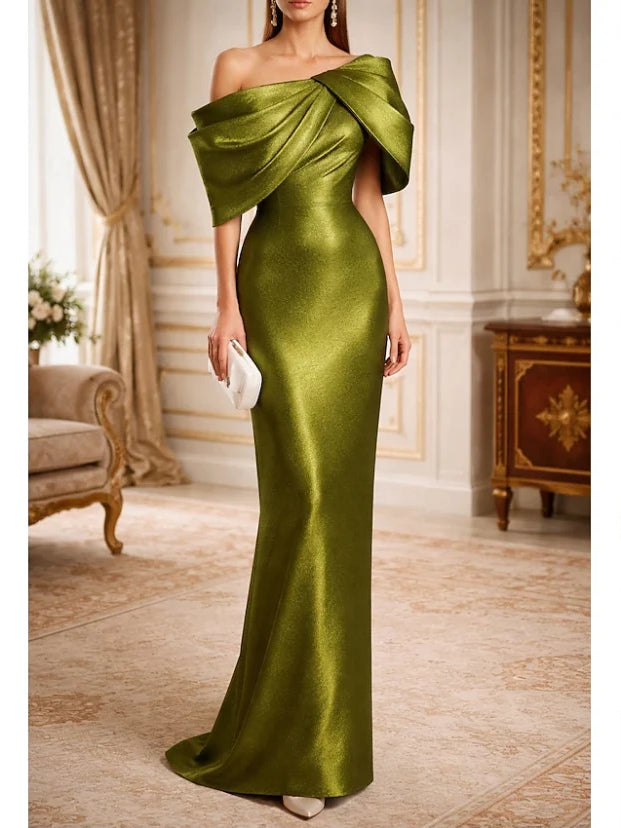 Olive one-shoulder satin formal dress with draped off-shoulder detail, floor-length.