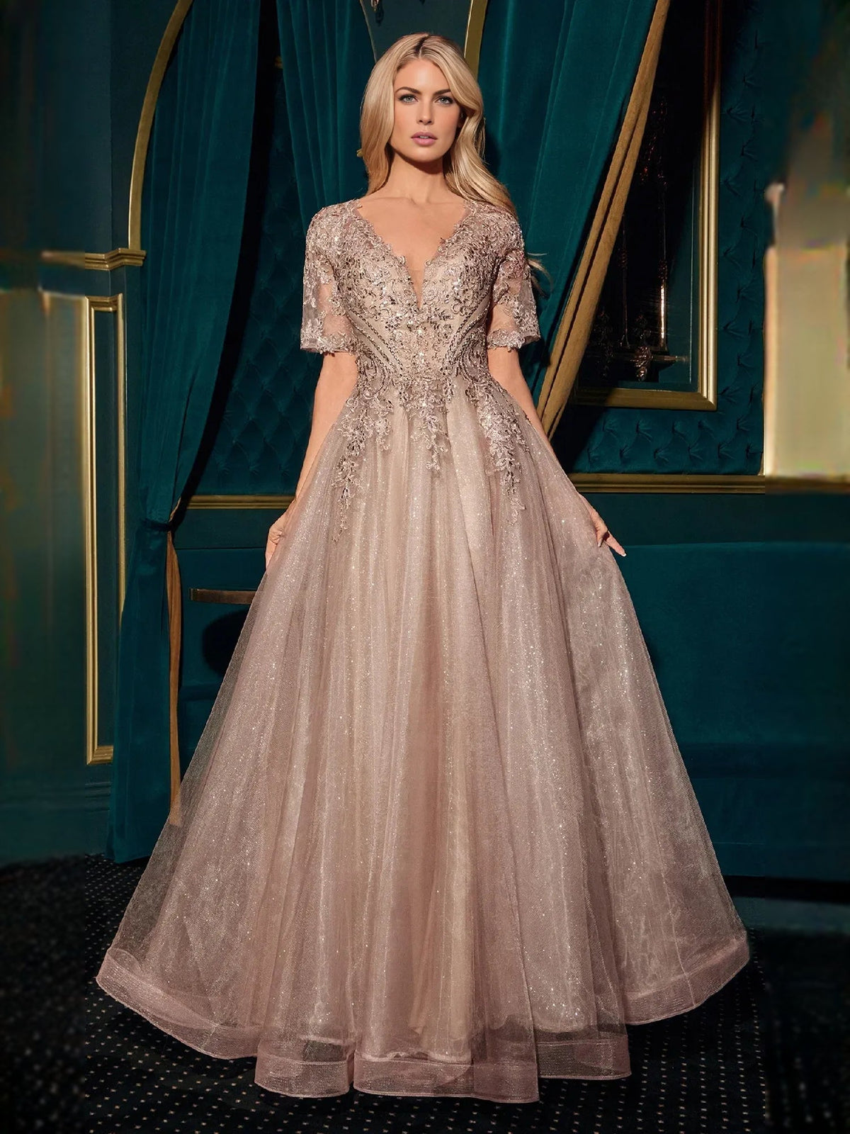 Nude V-neck maxi formal dress with beaded short sleeves and full A-line skirt