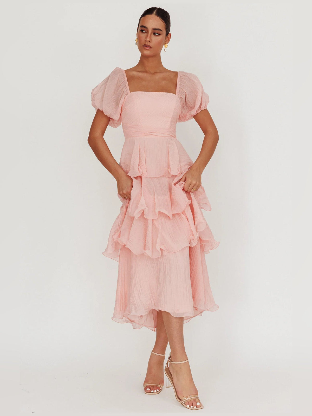 Baby Pink a-line midi formal dress with square neckline, full-length front view