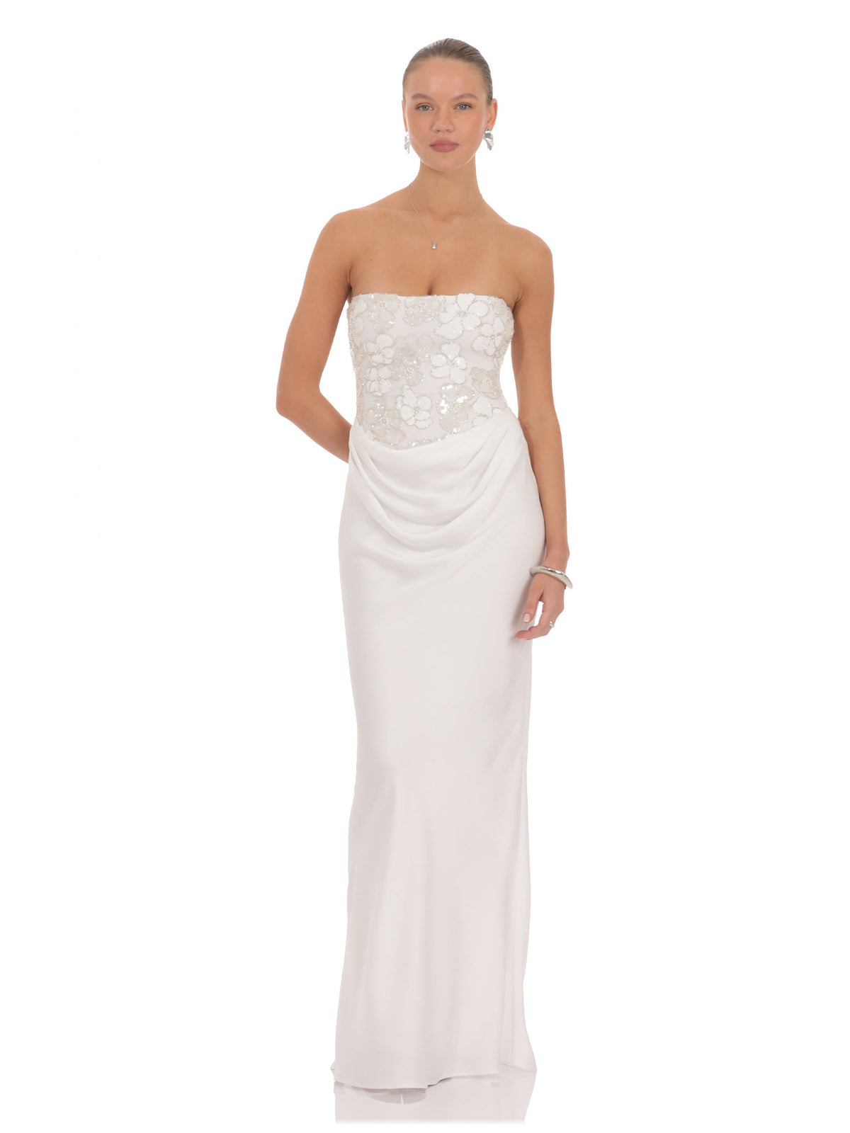 Ivory bridesmaid dress with a-line silhouette and maxi length