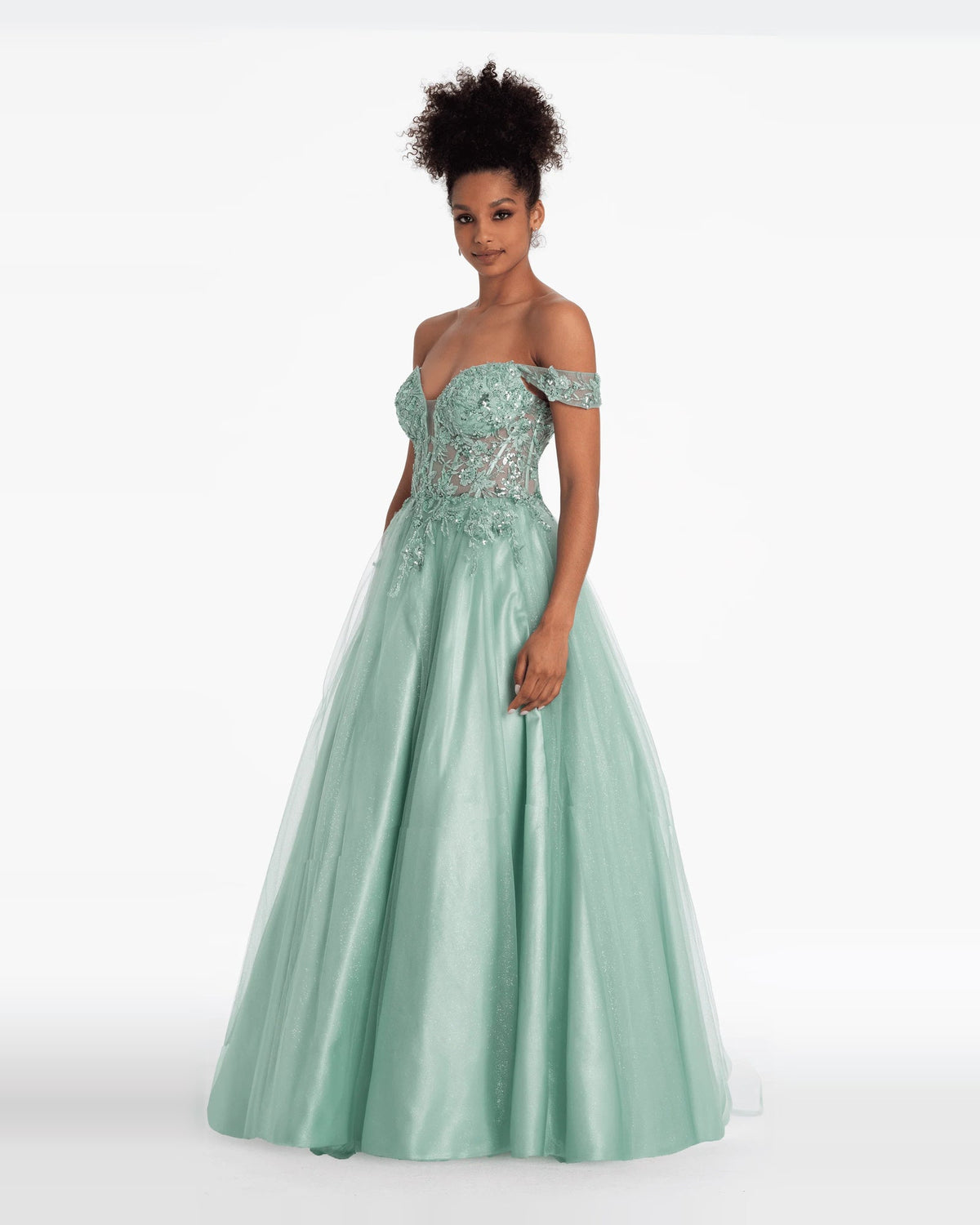 Sage green embroidered off-shoulder sweetheart ball gown with corset bodice