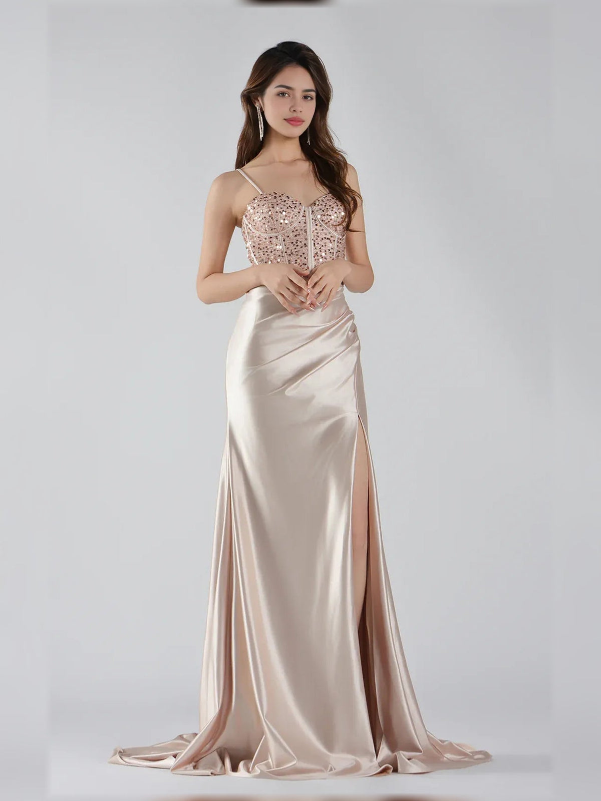 Champagne satin corset gown with sweetheart neckline, beaded bodice, spaghetti straps, front slit